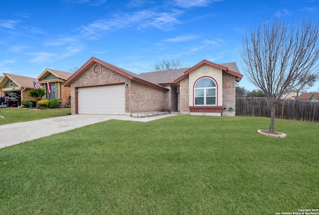 ranch-style house featuring a garage and a front yard