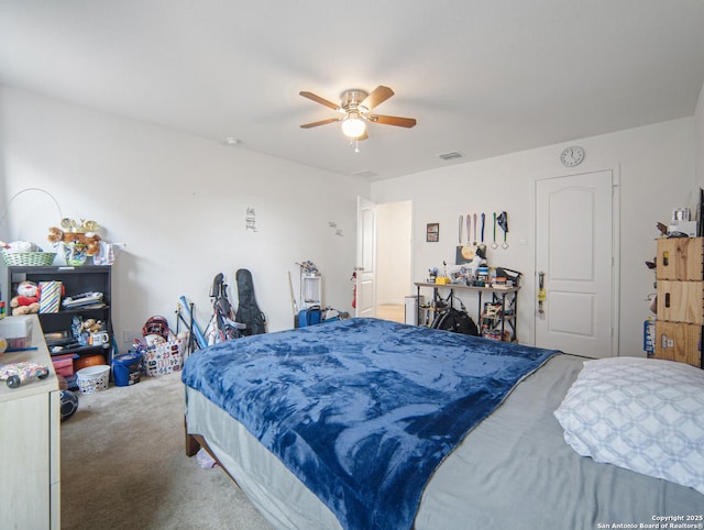 carpeted bedroom featuring ceiling fan