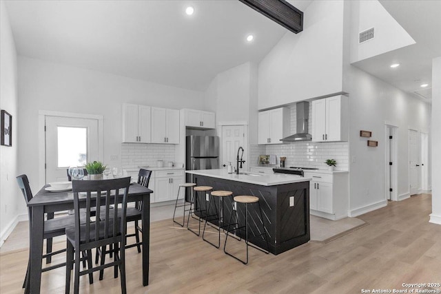 12596 Park Rd Unit 37, Lakehills, TX 78063 - kitchen featuring sink, white cabinetry, a center island with sink, a kitchen bar, and wall chimney exhaust hood