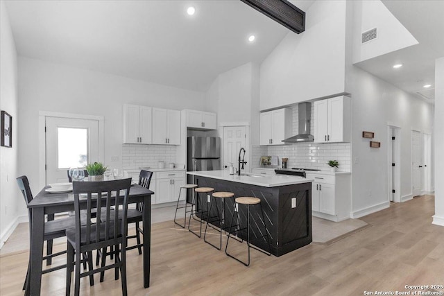 kitchen featuring sink, white cabinetry, a center island with sink, a kitchen bar, and wall chimney exhaust hood