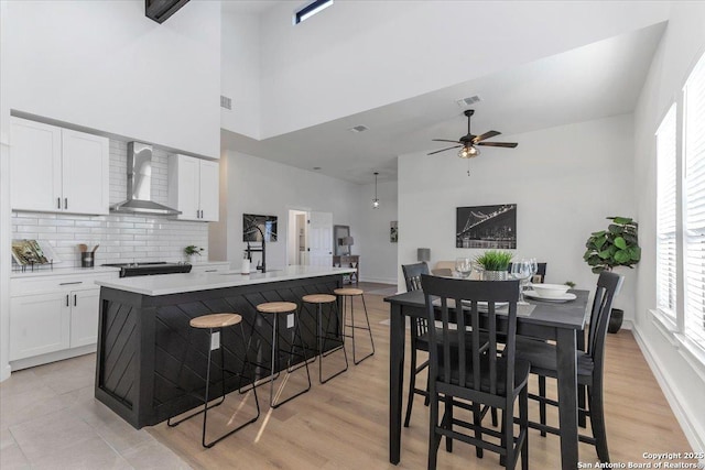 kitchen with a breakfast bar, a center island with sink, white cabinets, wall chimney range hood, and backsplash