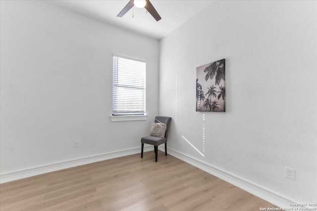 living area featuring light hardwood / wood-style floors and ceiling fan