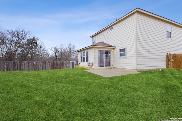 back of property featuring cooling unit, a patio area, and a lawn