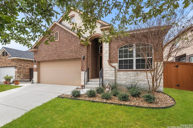 view of front of house with a garage and a front lawn