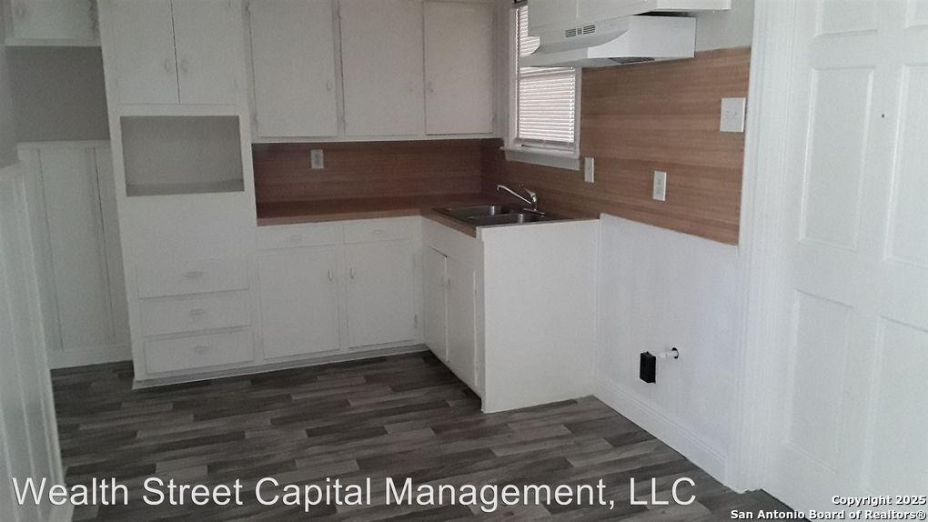 kitchen featuring white cabinetry, sink, and dark hardwood / wood-style floors