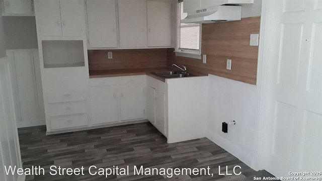 kitchen featuring white cabinetry, sink, and dark hardwood / wood-style floors