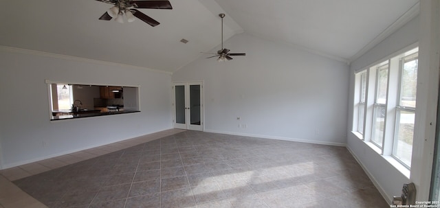 unfurnished living room featuring sink, high vaulted ceiling, and ceiling fan