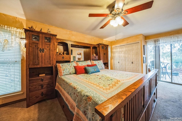 bedroom featuring dark colored carpet, access to exterior, and ceiling fan