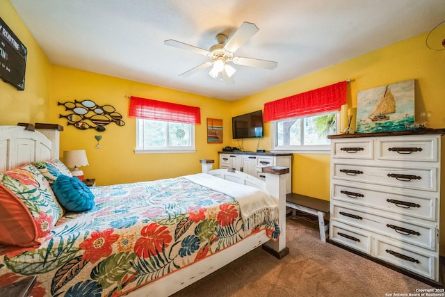 carpeted bedroom featuring multiple windows and ceiling fan