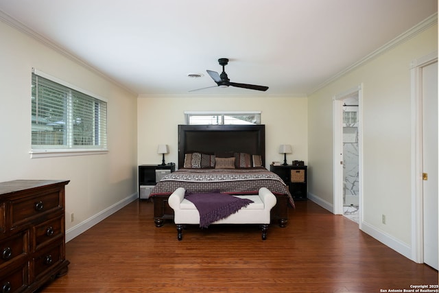 bedroom with ornamental molding, dark hardwood / wood-style floors, and ceiling fan