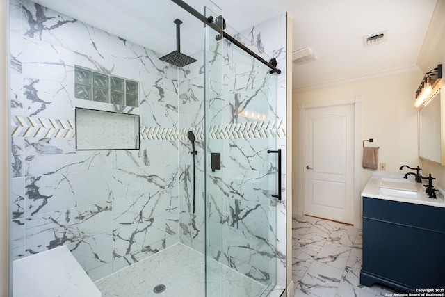 bathroom with vanity, ornamental molding, and walk in shower