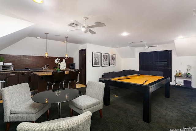 recreation room with lofted ceiling, dark carpet, billiards, and ceiling fan