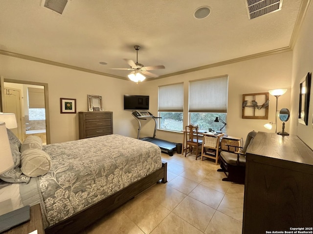 bedroom featuring ceiling fan, crown molding, a textured ceiling, and light tile patterned flooring