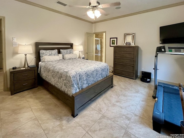 bedroom with ornamental molding and ceiling fan