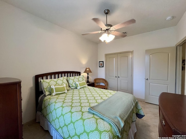 bedroom with ceiling fan and a closet