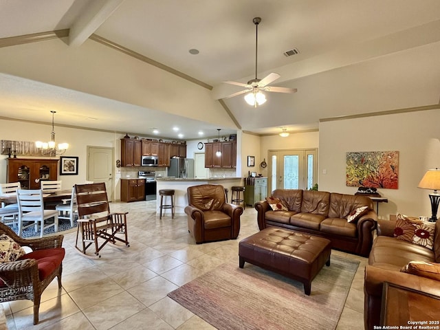 tiled living room with beam ceiling, ceiling fan with notable chandelier, and high vaulted ceiling