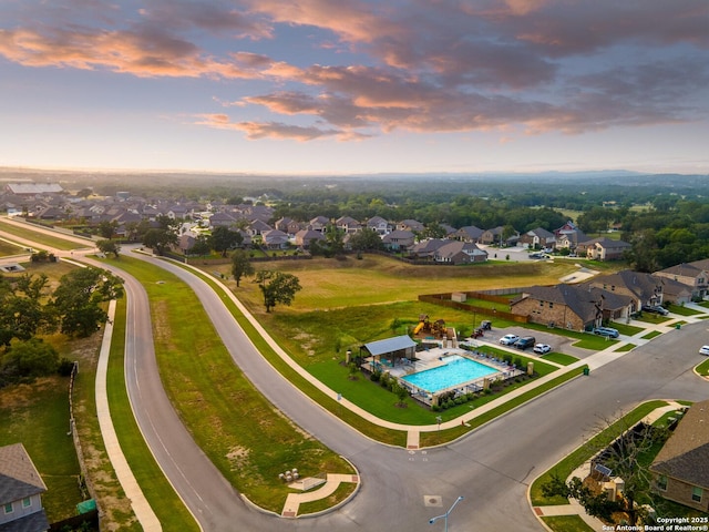 view of aerial view at dusk