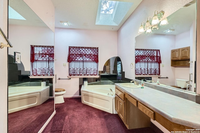 bathroom with a skylight, vanity, a washtub, and toilet