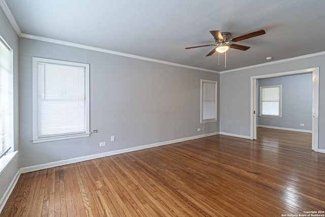 unfurnished room featuring crown molding, ceiling fan, and dark hardwood / wood-style flooring