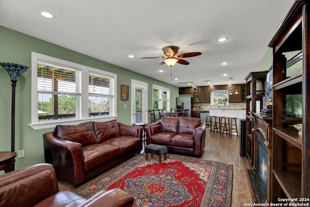 living room with ceiling fan and dark hardwood / wood-style flooring