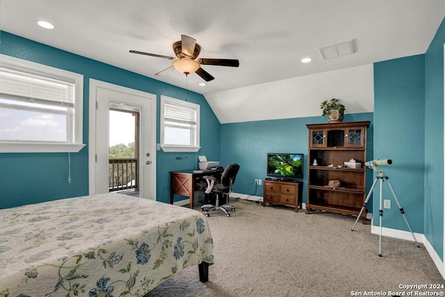 bedroom with carpet floors, access to outside, ceiling fan, and vaulted ceiling