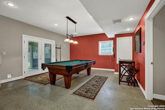game room with pool table and french doors