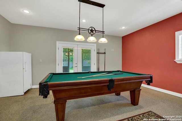 rec room with pool table and french doors
