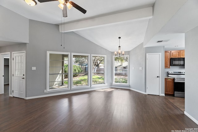 unfurnished living room featuring lofted ceiling with beams, dark hardwood / wood-style floors, and ceiling fan with notable chandelier