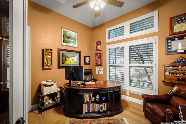 home office featuring ceiling fan and light wood-type flooring