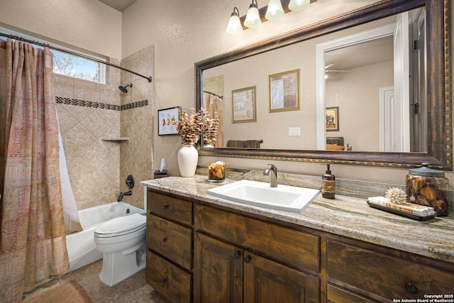 full bathroom featuring tile patterned flooring, vanity, shower / bath combination with curtain, and toilet