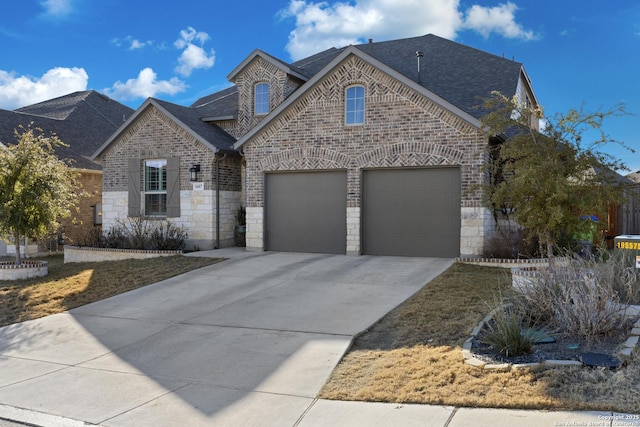 french provincial home with brick siding, roof with shingles, and driveway