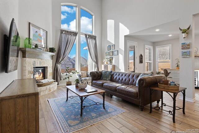 living room featuring plenty of natural light, a fireplace, and wood-type flooring