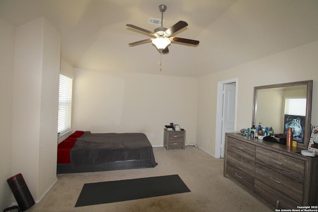 bedroom with light colored carpet and ceiling fan