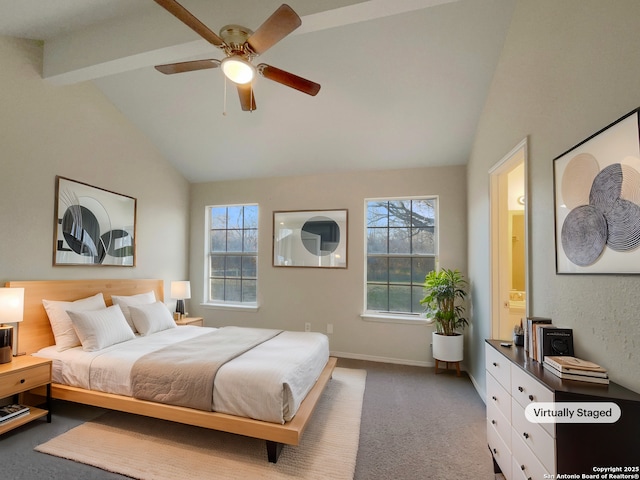 bedroom featuring lofted ceiling with beams, carpet floors, and ceiling fan