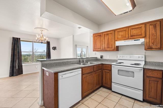 kitchen with plenty of natural light, sink, white appliances, and kitchen peninsula