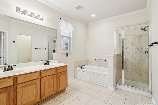 bathroom with vanity, shower with separate bathtub, tile patterned floors, and crown molding