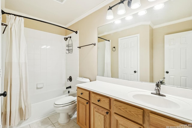 full bathroom with ornamental molding, tile patterned floors, toilet, and vanity