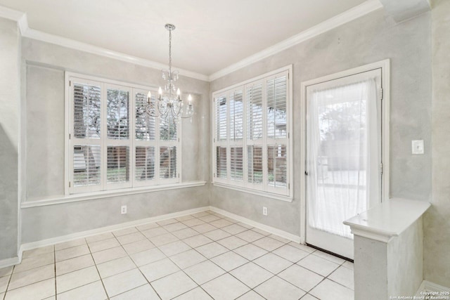 unfurnished dining area featuring crown molding, light tile patterned floors, and an inviting chandelier