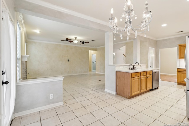 kitchen with light tile patterned flooring, stainless steel dishwasher, and ornamental molding