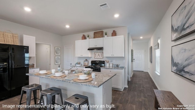 kitchen with white cabinetry, light stone countertops, an island with sink, and black appliances