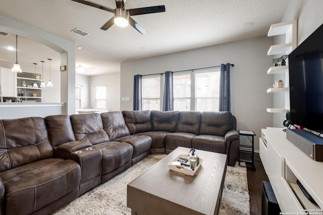 living room featuring ceiling fan, a textured ceiling, wood-type flooring, and a healthy amount of sunlight