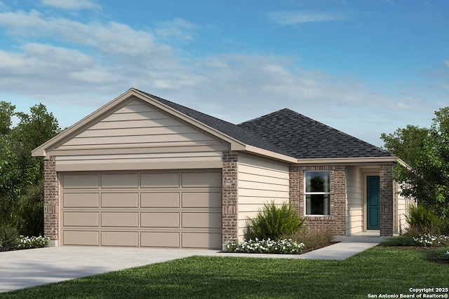 ranch-style house featuring a garage and a front lawn