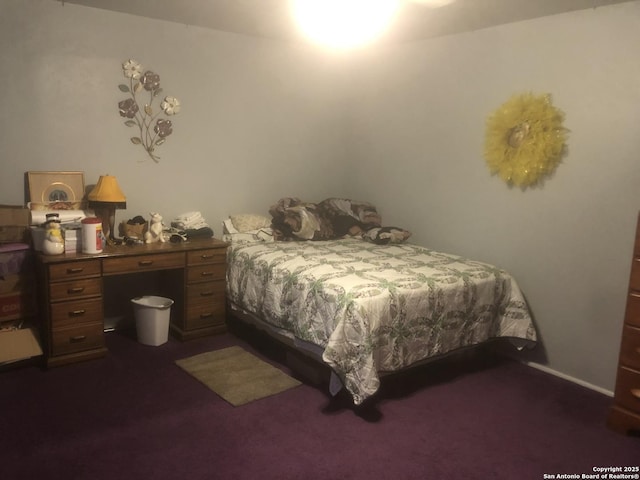 bedroom featuring dark colored carpet