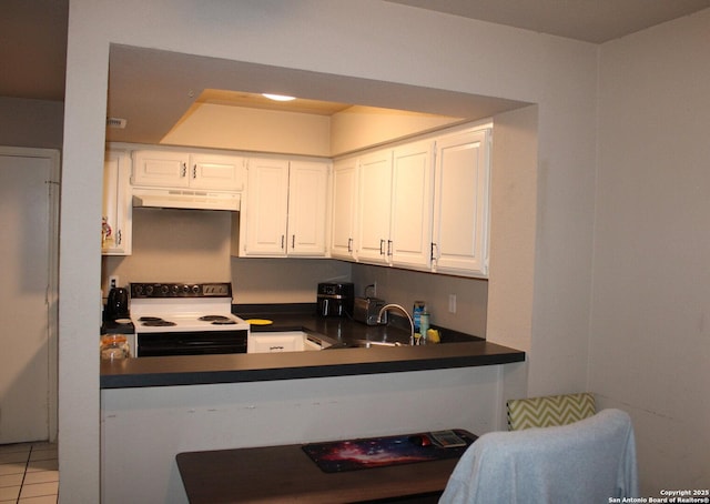 kitchen featuring light tile patterned flooring, sink, white cabinetry, electric range, and kitchen peninsula