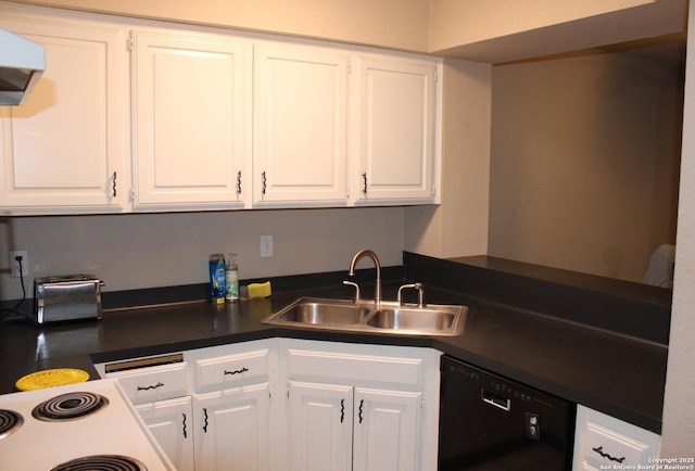 kitchen with black dishwasher, sink, and white cabinets