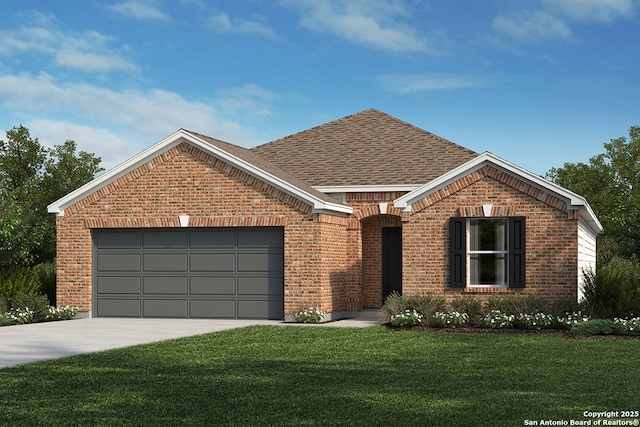 view of front of property featuring a garage and a front yard