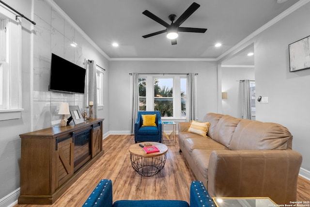 living room featuring crown molding, ceiling fan, and light hardwood / wood-style floors