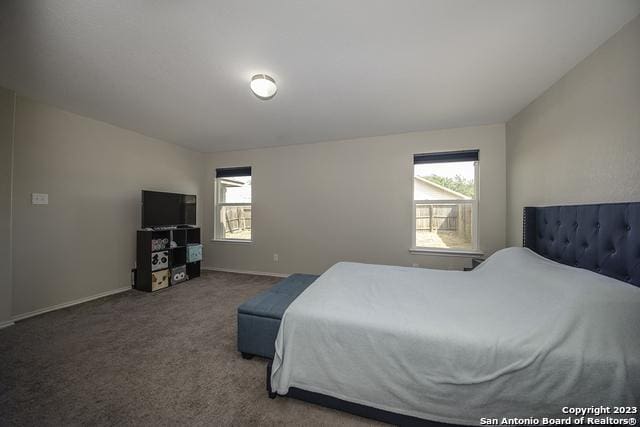 carpeted bedroom with multiple windows and lofted ceiling