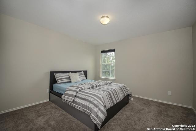 bedroom featuring dark carpet