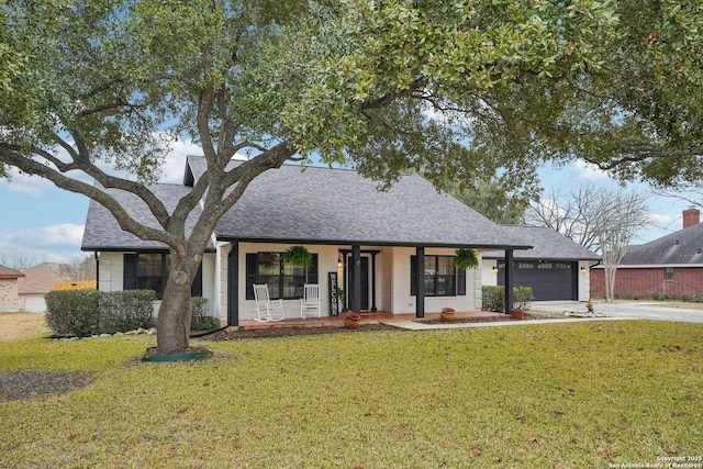 ranch-style home with a porch, a garage, and a front yard